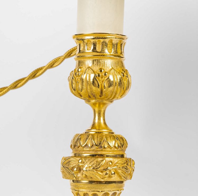 Pair of Louis XVI Style Candlesticks Circa 1820 in Chiseled Bronze, Mounted as Lamps