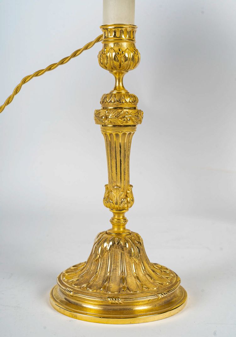 Pair of Louis XVI Style Candlesticks Circa 1820 in Chiseled Bronze, Mounted as Lamps