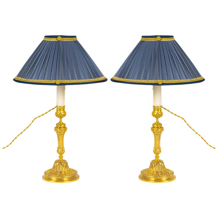 Pair of Louis XVI Style Candlesticks Circa 1820 in Chiseled Bronze, Mounted as Lamps
