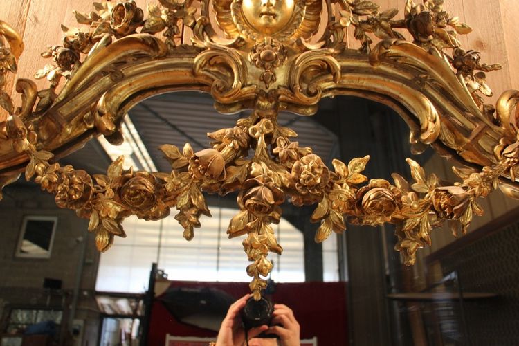 Large Napoleon III Gilded Wood Mirror With Putti And Mascaron
