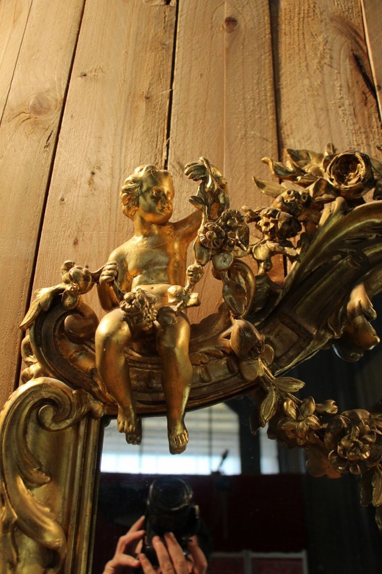 Large Napoleon III Gilded Wood Mirror With Putti And Mascaron