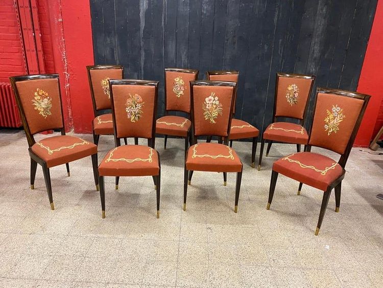 Baptistin Spade, rara suite di 8 sedie Art Déco con arazzo 1930/1940 circa