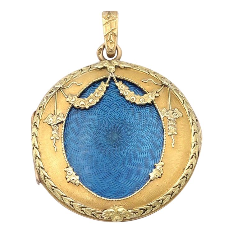 Médaillon émail bleu Napoléon III en or 18k, pendentif émaillé en or, émail guilloché, bleu, Bijoux 