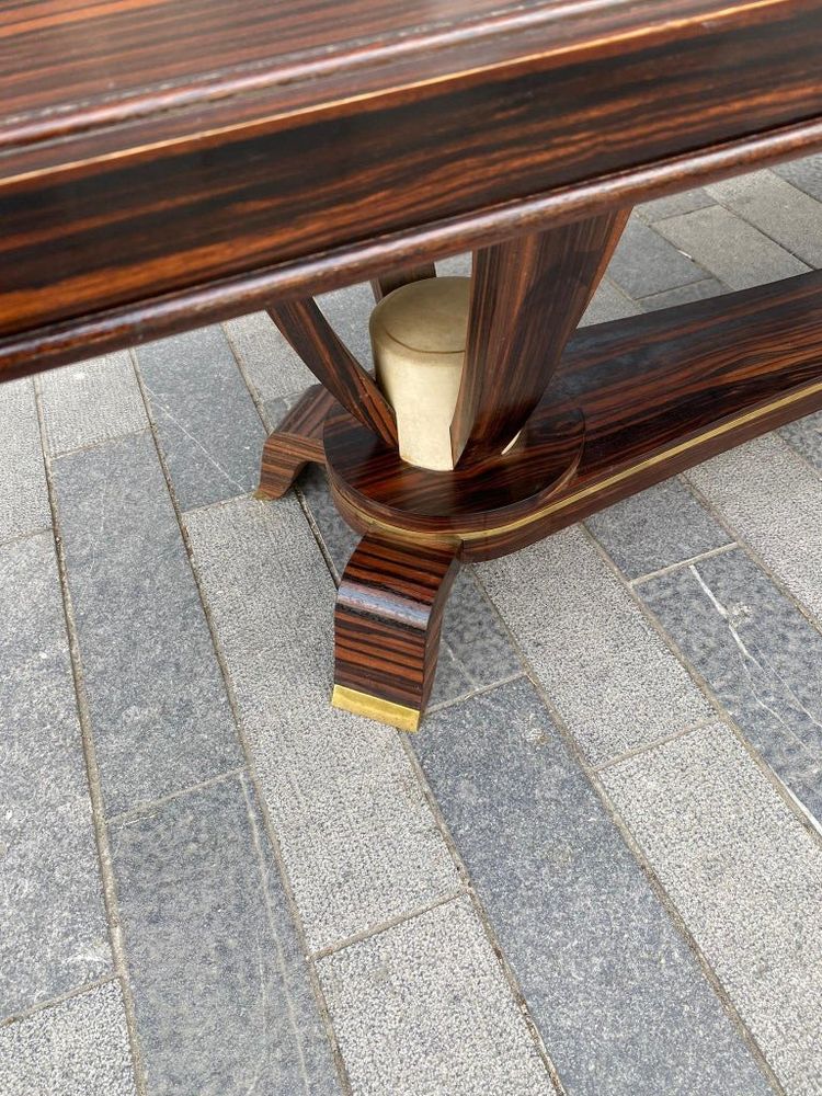 Baptistin Spade (1891-1969) elegant large Art Deco table in Macassar, parchment and bronze.