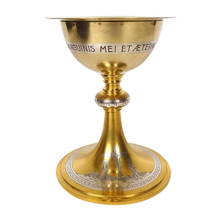 Chalice Paten Silver Vermeillé Minerve Maison Evellin Rennes Crucifixion XXth century