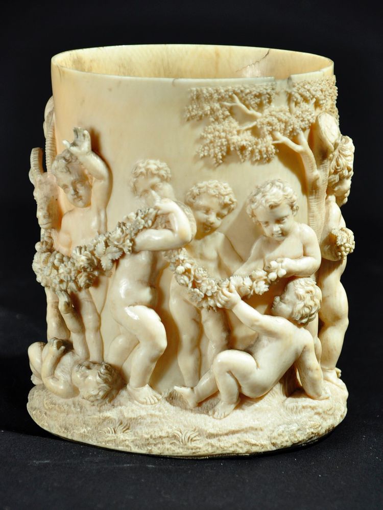 Carved ivory bowl decorated with putti in homage to Bacchus 17th century
