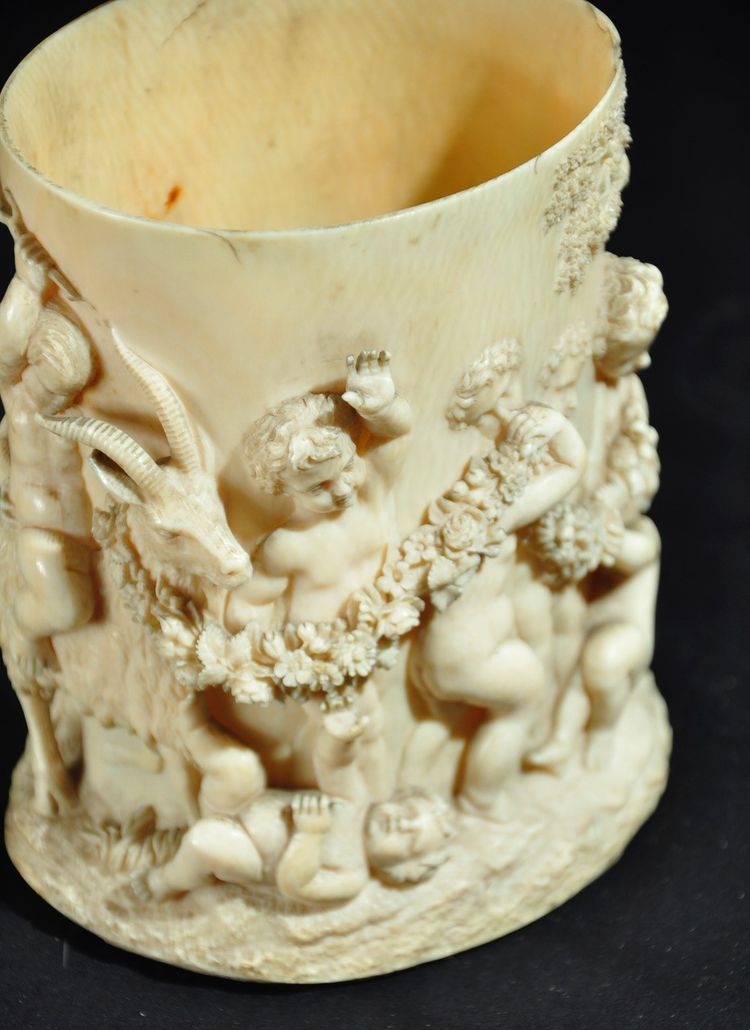Carved ivory bowl decorated with putti in homage to Bacchus 17th century