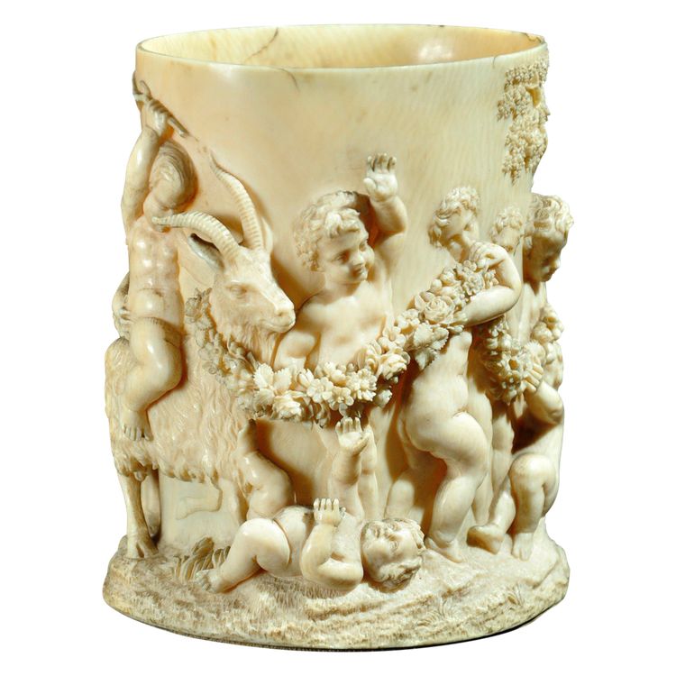 Carved ivory bowl decorated with putti in homage to Bacchus 17th century