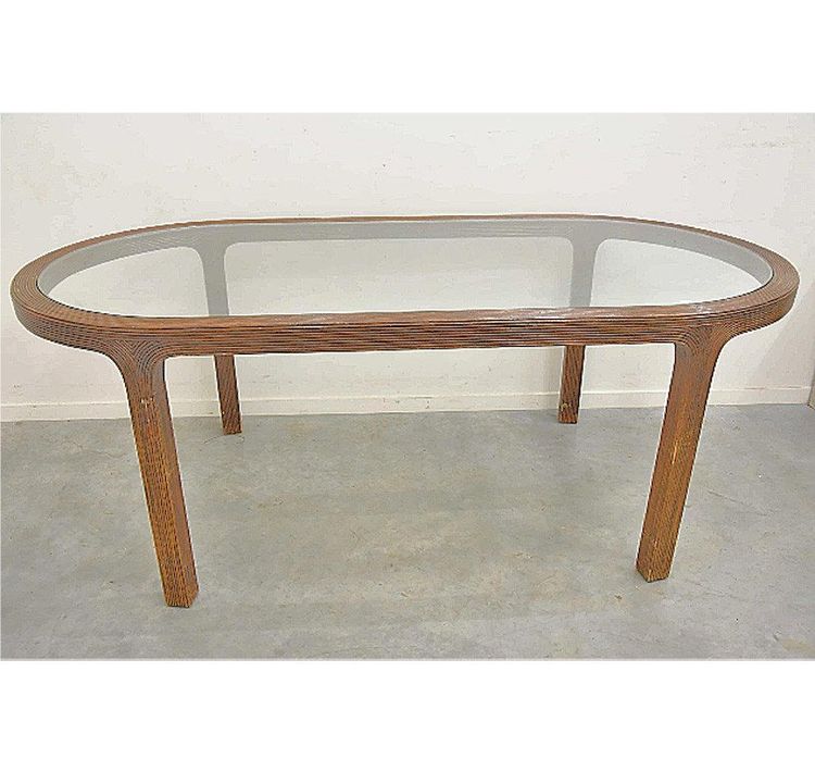 Grande Table De Salle à Manger En Rotin, Dessus Verrecirca 1970/1980  (ht.76 X 210 X 100cm)