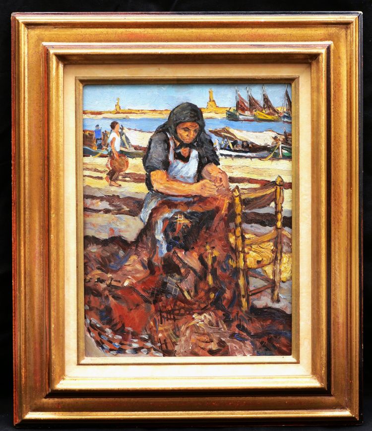 French School Circa 1940-1950, Woman Mending A Net On The Quayside Of A Port In Portugal