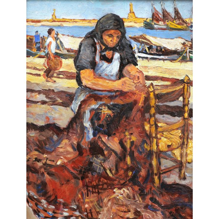 French School Circa 1940-1950, Woman Mending A Net On The Quayside Of A Port In Portugal