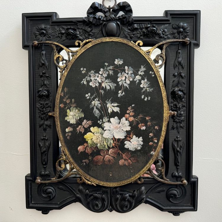 Trittico in ebanite di Napoleone III che forma uno specchio centrale a bouquet dipinto