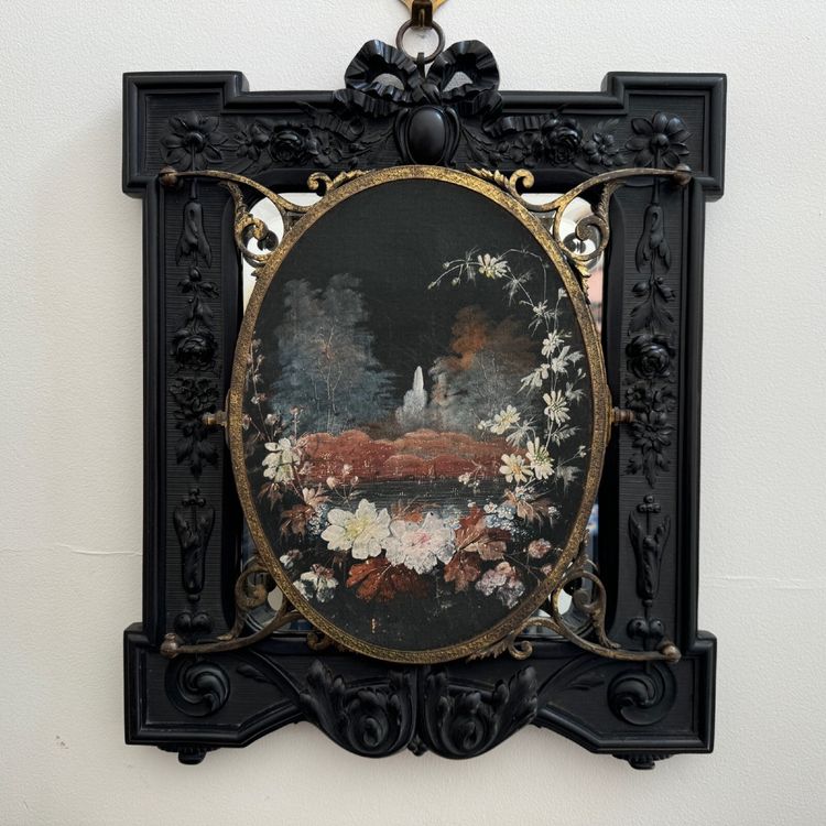 Trittico in ebanite di Napoleone III che forma uno specchio centrale a bouquet dipinto