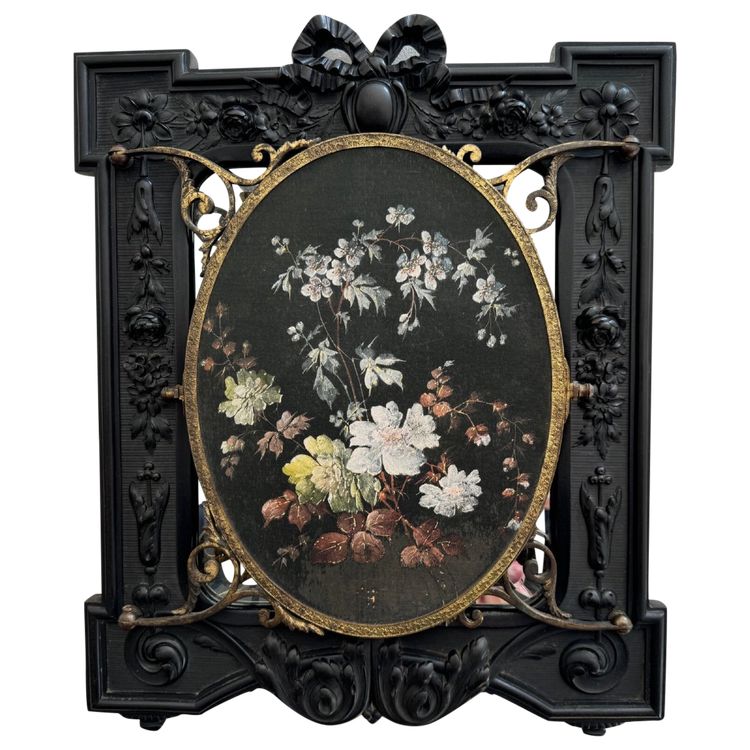 Trittico in ebanite di Napoleone III che forma uno specchio centrale a bouquet dipinto