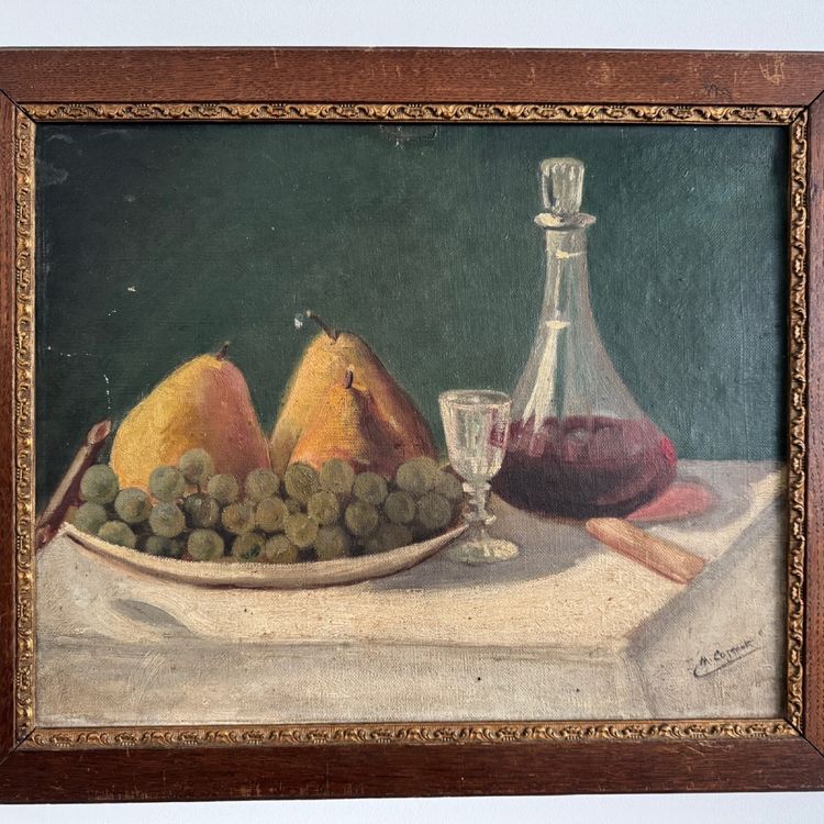 Olio su tela natura morta con frutta e caraffa XX secolo di M. Cozenat