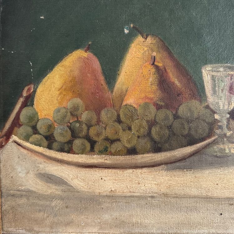 Olio su tela natura morta con frutta e caraffa XX secolo di M. Cozenat