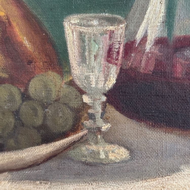 Olio su tela natura morta con frutta e caraffa XX secolo di M. Cozenat