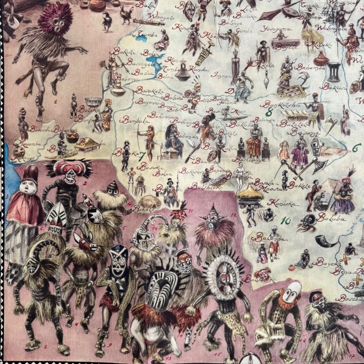 Manifesto coloniale, grande mappa illustrata del Congo Belga, Ruanda-Urundi, 1930