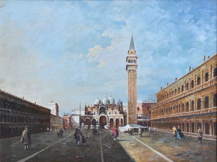 E. JACOB (19. - 20. Jh.) Öl auf Leinwand Ansicht von Venedig Der Markusplatz