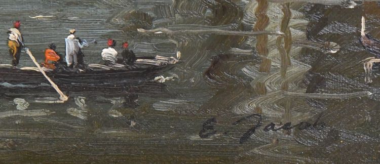 E. JACOB (19. - 20. Jh.) Öl auf Leinwand Ansicht von Venedig mit Gondeln
