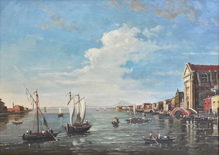 E. JACOB (19. - 20. Jh.) Öl auf Leinwand Ansicht von Venedig mit Gondeln