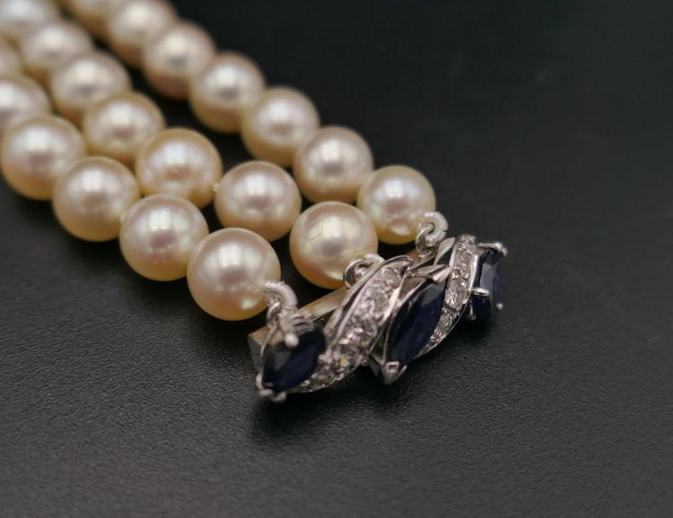 3 Row Cultured Pearl, Sapphire & Diamond Bracelet.
