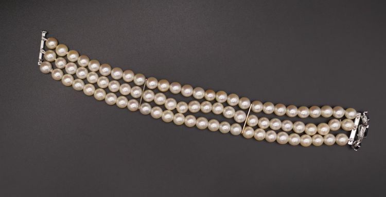 3 Row Cultured Pearl, Sapphire & Diamond Bracelet.