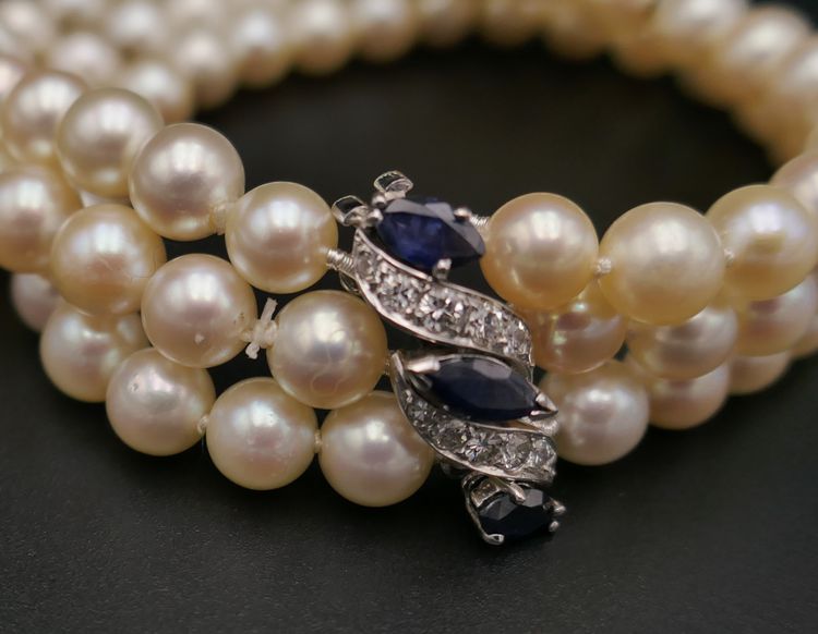 3 Row Cultured Pearl, Sapphire & Diamond Bracelet.