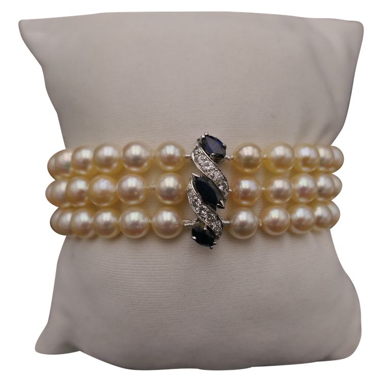 3 Row Cultured Pearl, Sapphire & Diamond Bracelet.