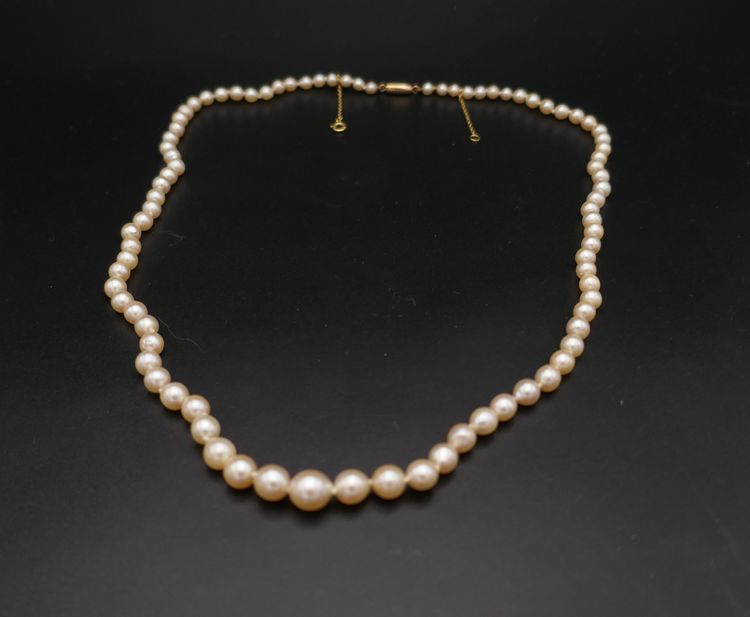 Collier De Perles De Culture En Chute, Fermoir Et Chaînette De Sécurité, 18 Carats.