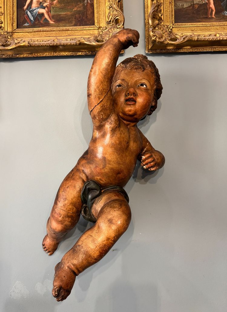 Putto aus geschnitztem Holz polychrom Italien 17. Jahrhundert H60