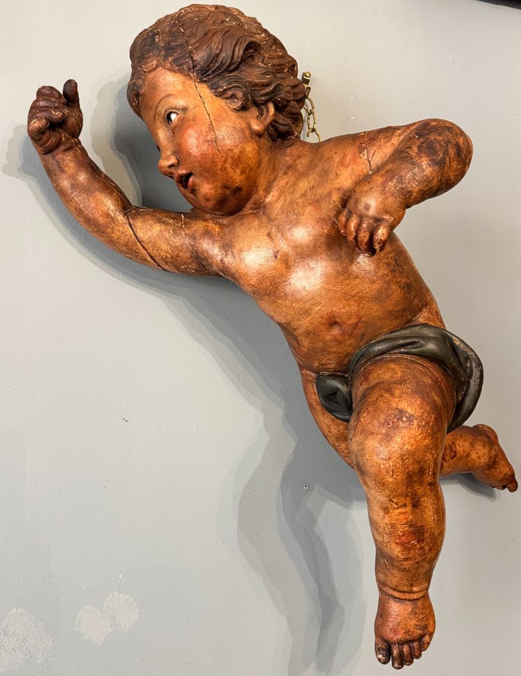 Putto aus geschnitztem Holz polychrom Italien 17. Jahrhundert H60
