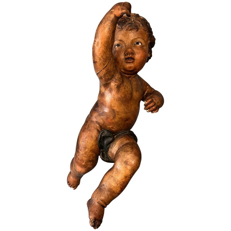 Putto aus geschnitztem Holz polychrom Italien 17. Jahrhundert H60