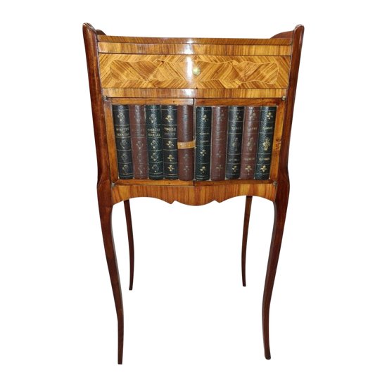 Bedside / Sauteuse In Marquetry And Leather, 19th Century