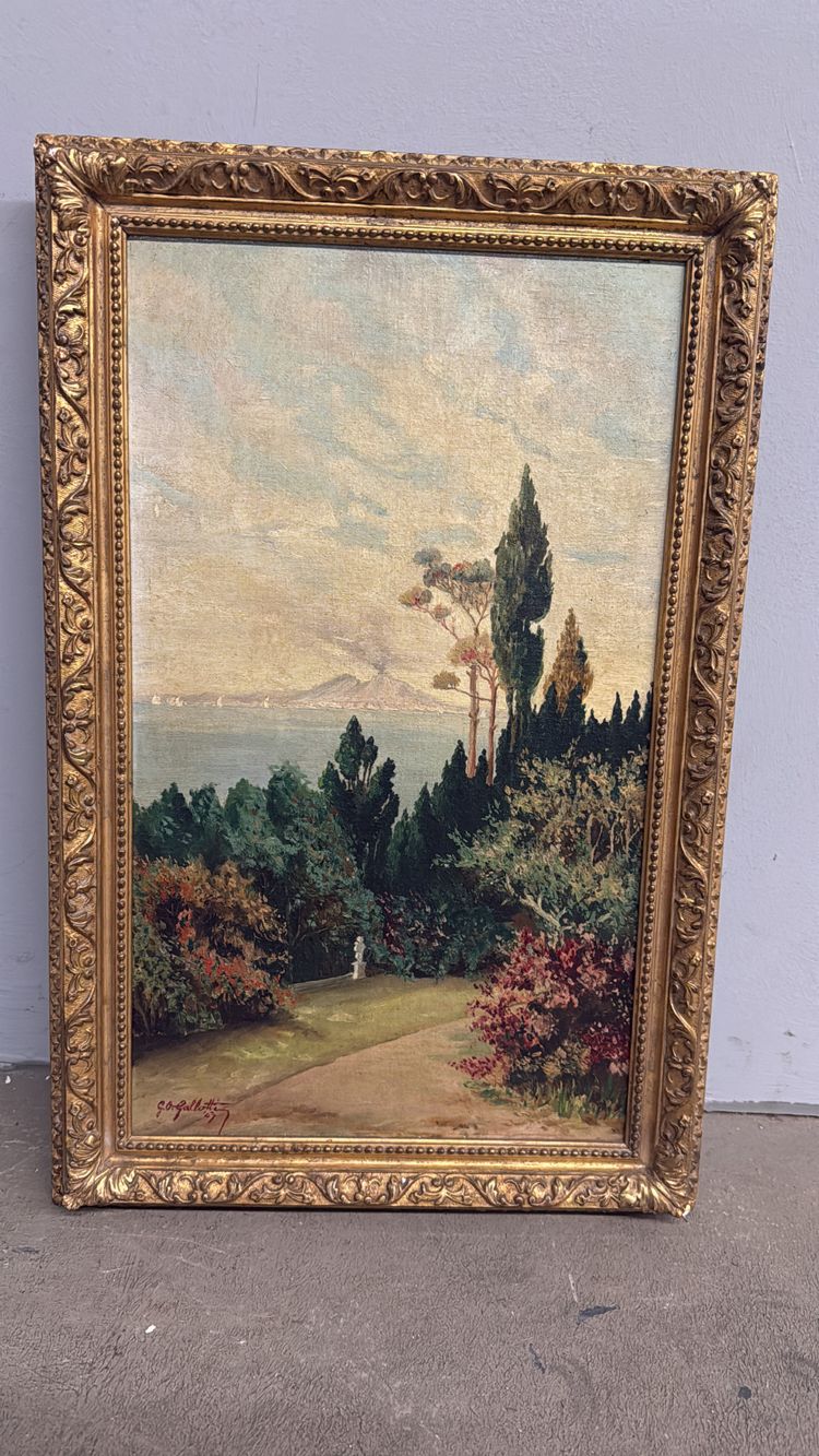Antikes Ölgemälde auf Tafel Neapel, Vesuv 1947, Gallotti, 58x37 cm
