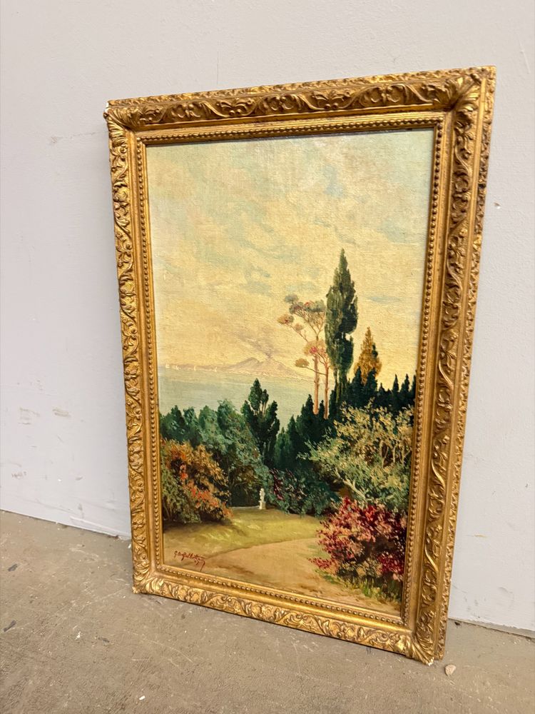 Antikes Ölgemälde auf Tafel Neapel, Vesuv 1947, Gallotti, 58x37 cm