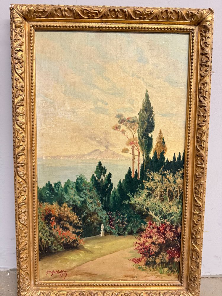 Antikes Ölgemälde auf Tafel Neapel, Vesuv 1947, Gallotti, 58x37 cm