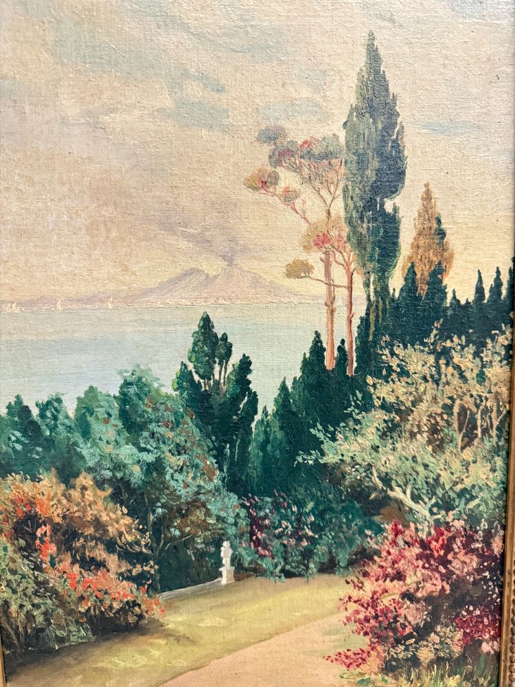 Antikes Ölgemälde auf Tafel Neapel, Vesuv 1947, Gallotti, 58x37 cm