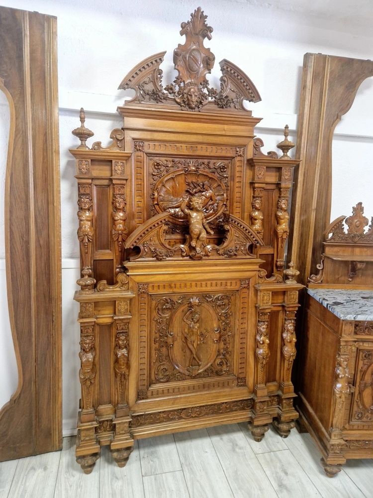 Antique Italian Reniassance Bed Heavily Carved Walnut