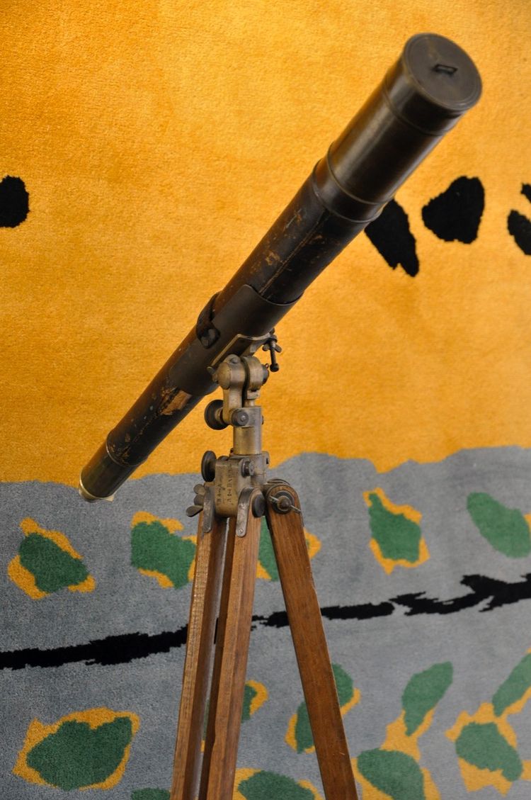 Blackened brass spyglass on wooden tripod 19th century period