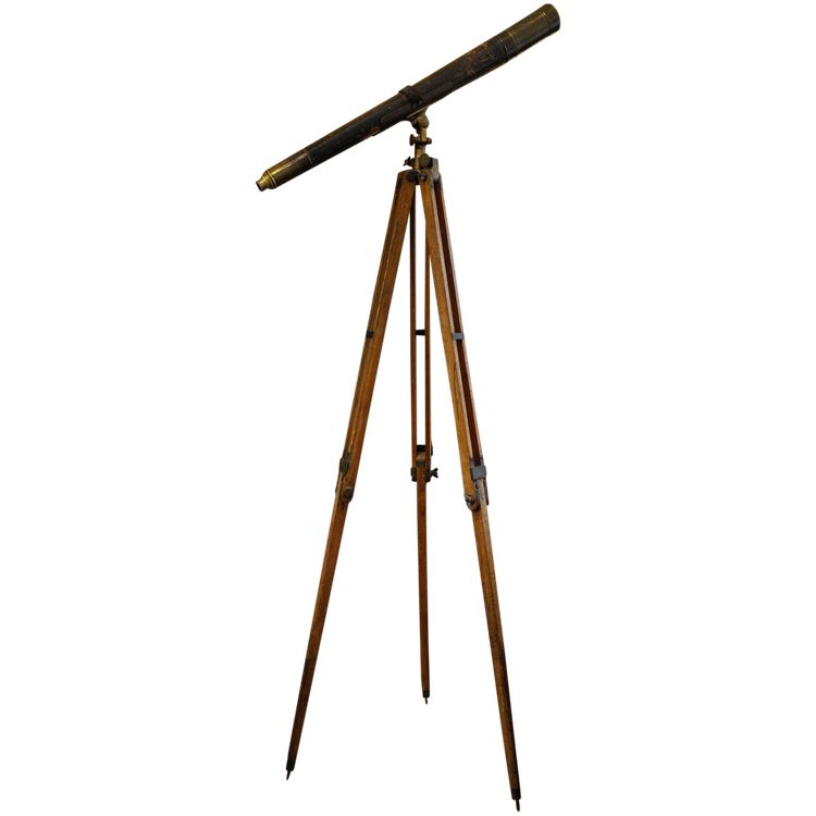 Blackened brass spyglass on wooden tripod 19th century period