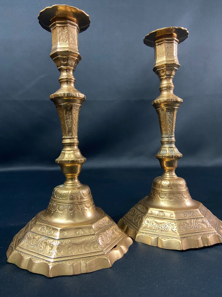 Pair of brass candlesticks with chased decoration 18th Regency period