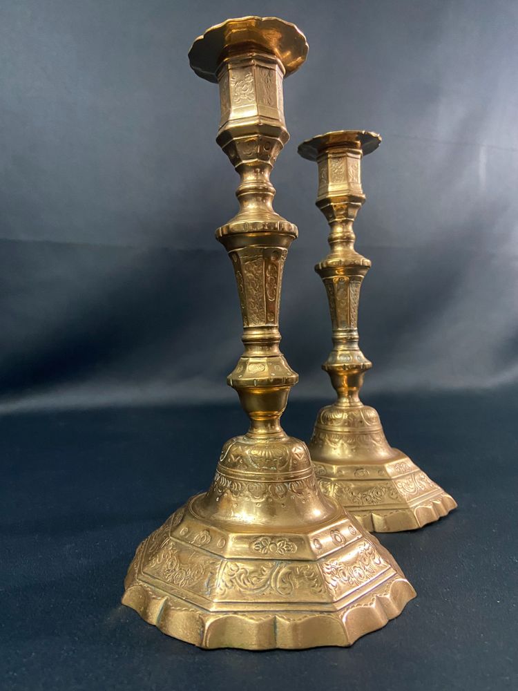 Pair of brass candlesticks with chased decoration 18th Regency period
