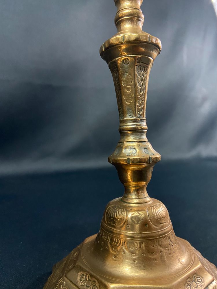 Pair of brass candlesticks with chased decoration 18th Regency period