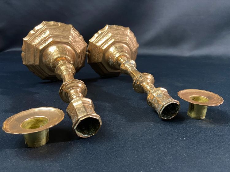 Pair of brass candlesticks with chased decoration 18th Regency period