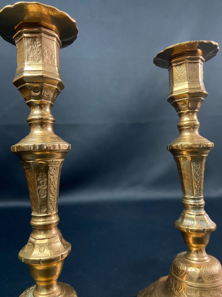 Pair of brass candlesticks with chased decoration 18th Regency period