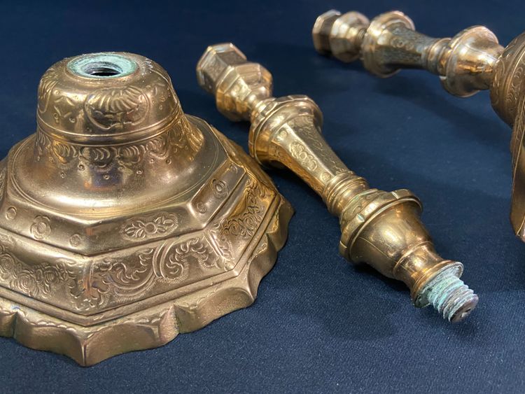 Pair of brass candlesticks with chased decoration 18th Regency period