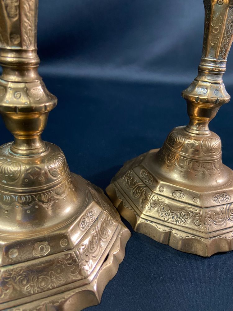 Pair of brass candlesticks with chased decoration 18th Regency period