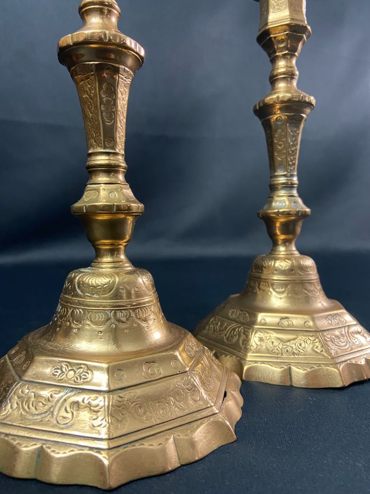 Pair of brass candlesticks with chased decoration 18th Regency period