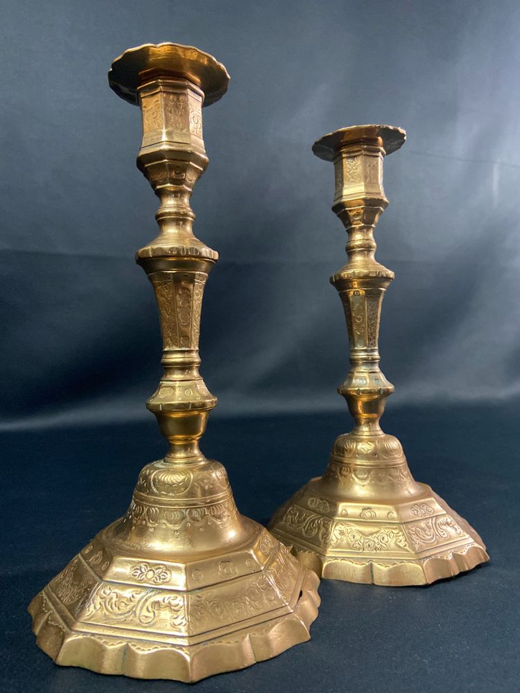 Pair of brass candlesticks with chased decoration 18th Regency period